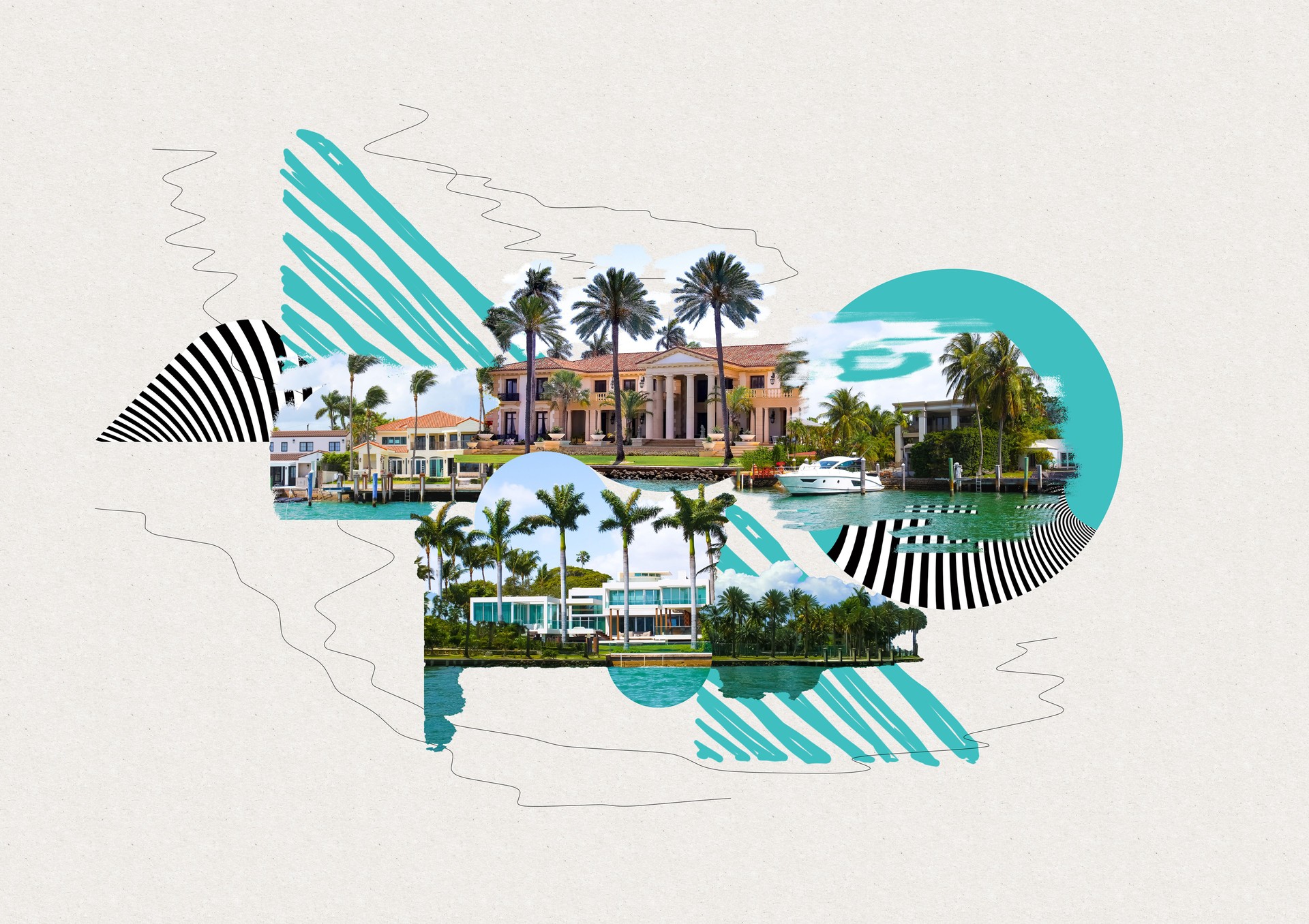 Luxurious mansion in Miami Beach, florida, U.S.A Creative contemporary art collage or design.