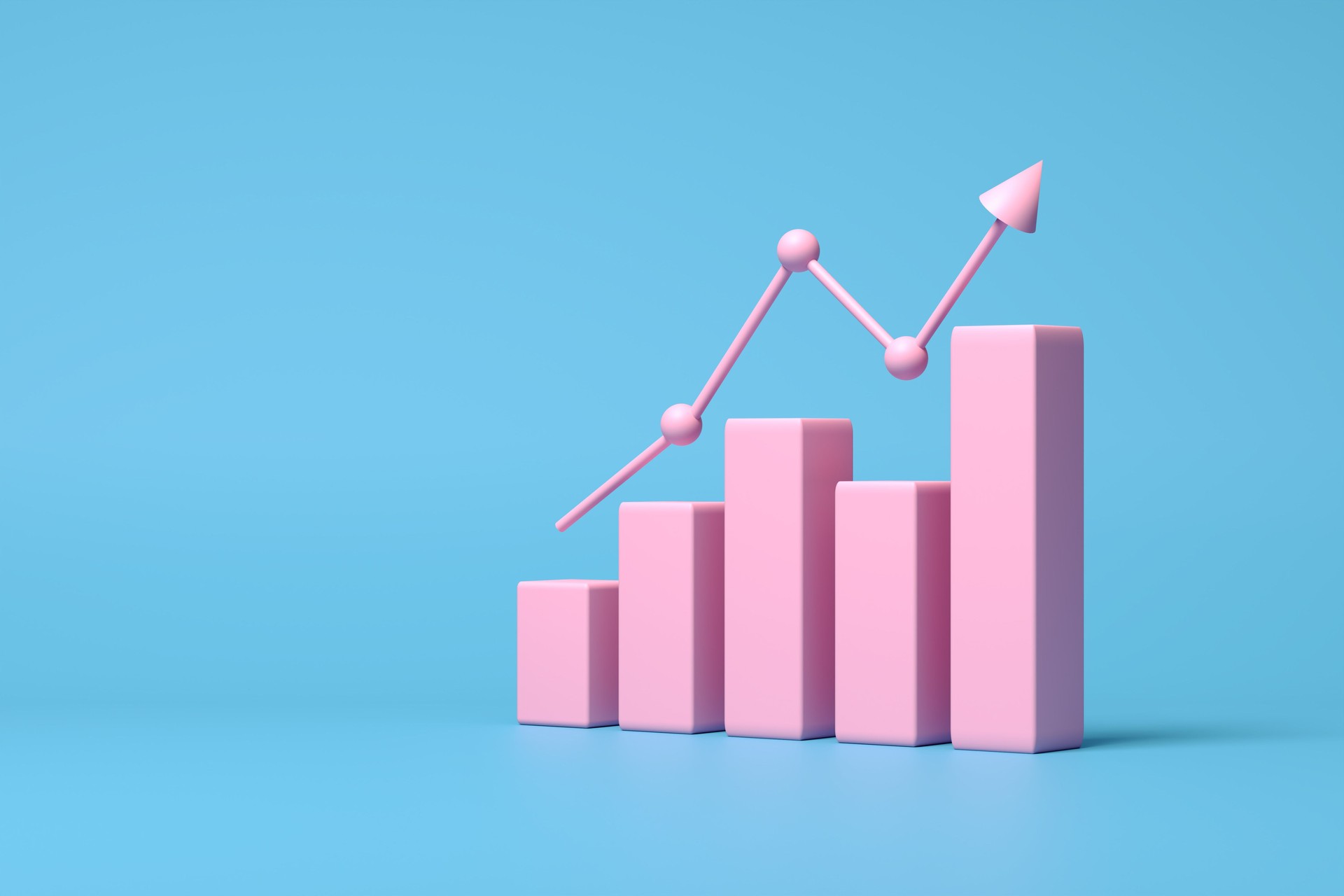 Ascending or increasing pink bar chart or graph on blue background.