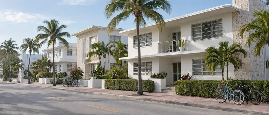A quiet Miami Beach street of white Miami Modern apartment buildings and palms in morning light