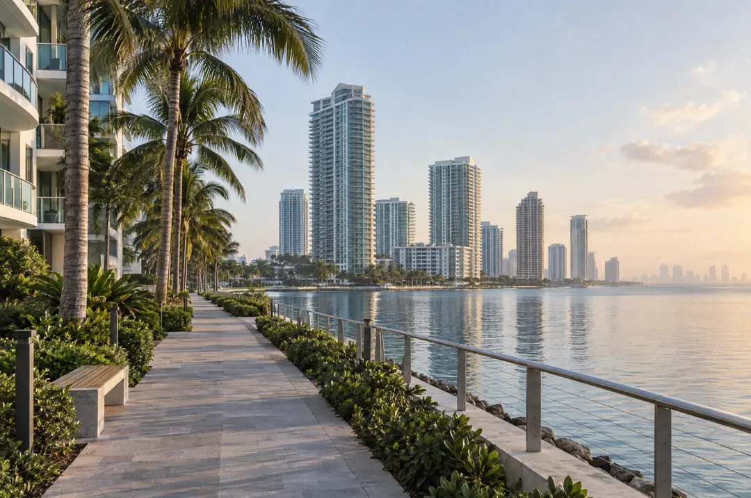 The Biscayne Bay waterfront walkway in Edgewater at early morning