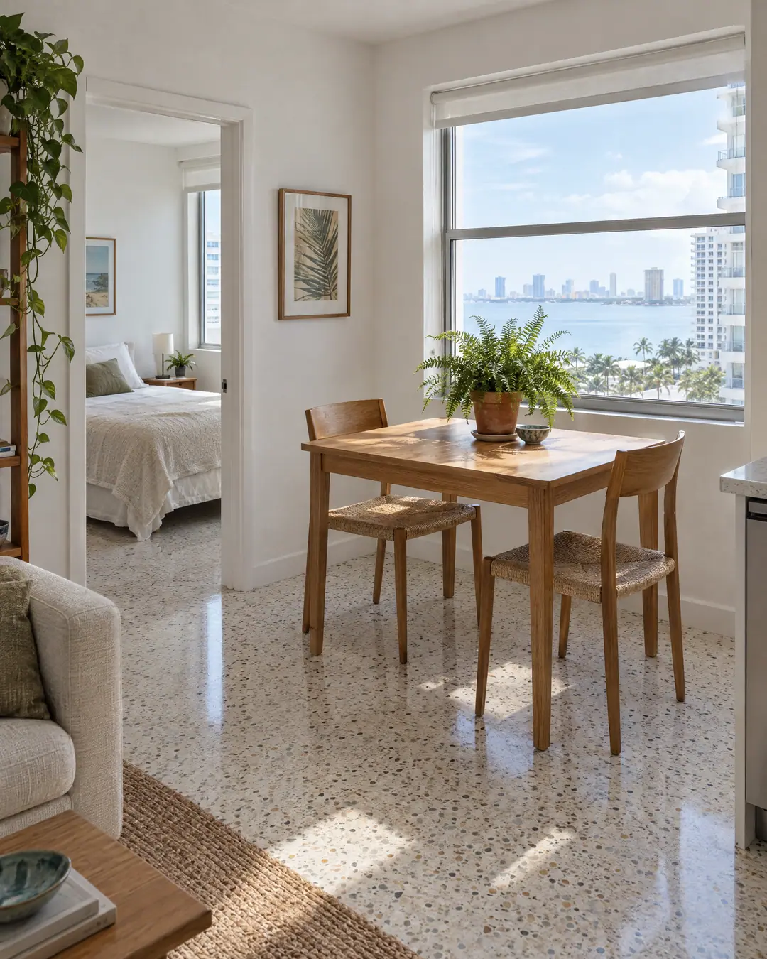 A modest one-bedroom apartment with an oak dining table and a fern by the window