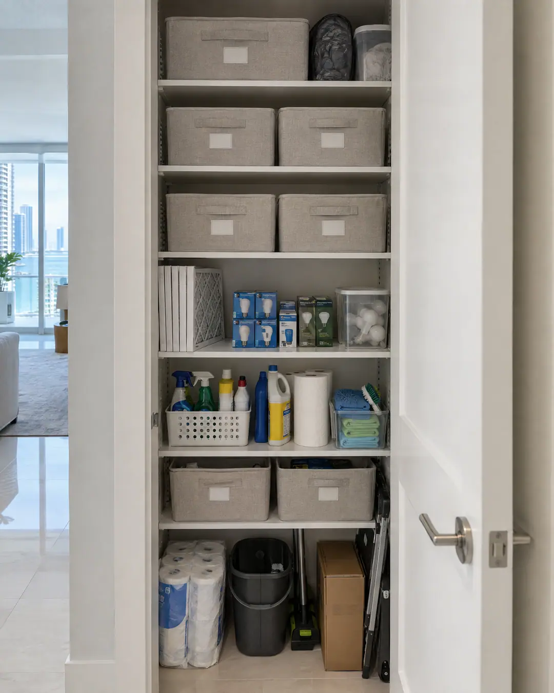 An organised owner storage closet with linen bins, spare filters and supplies
