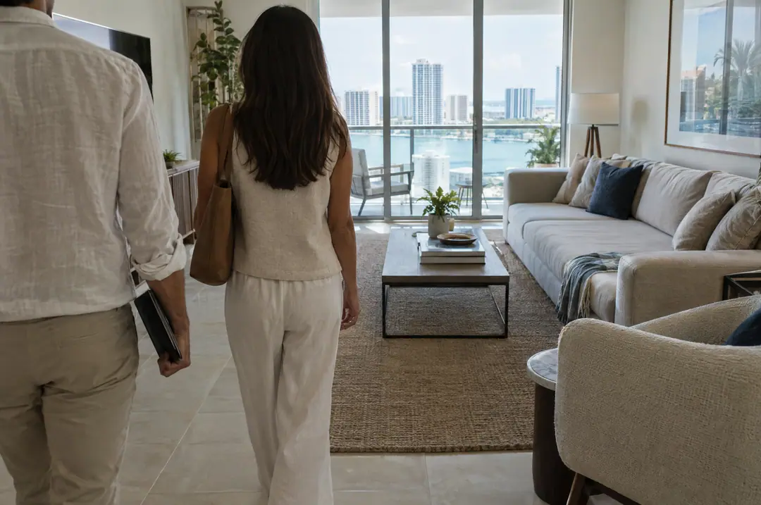 Two people walking through a bright condo living room toward the balcony