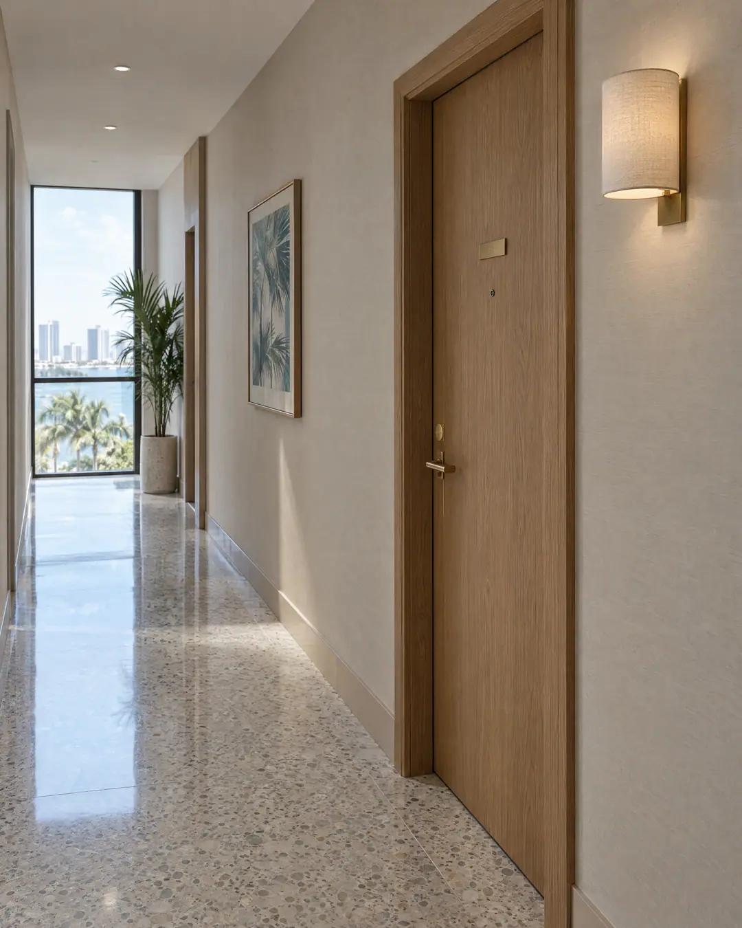 A quiet residential corridor with a single oak apartment door and a terrazzo floor