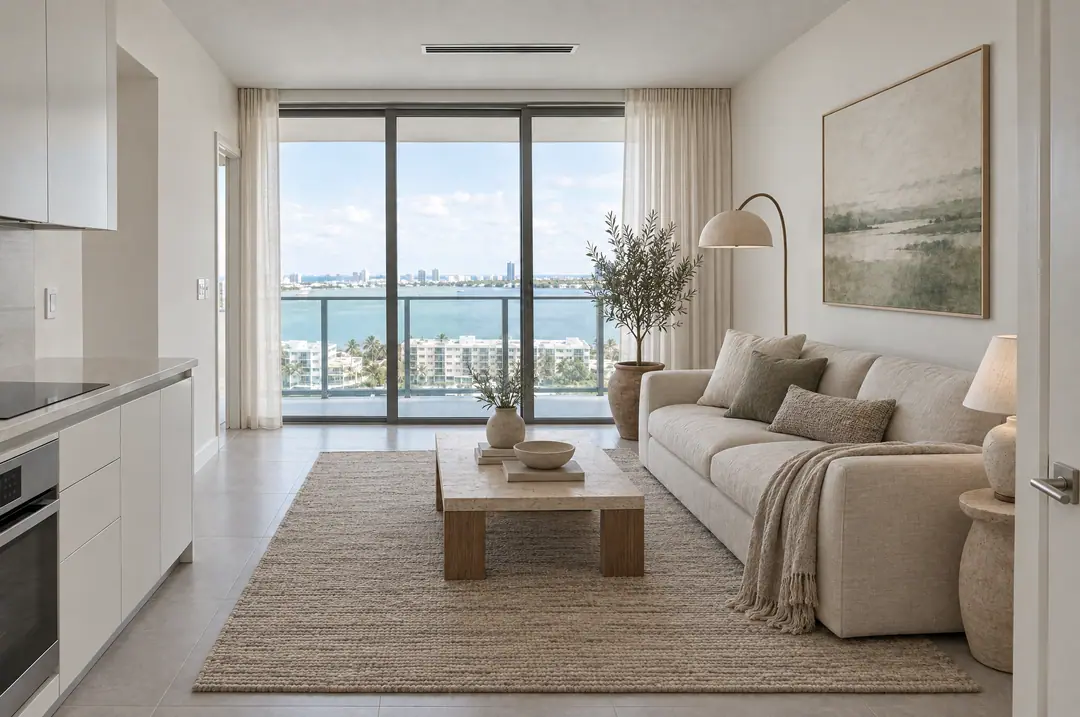 After: the same living room with a linen sofa, large wool rug, lamps, artwork, an olive tree and sheer curtains