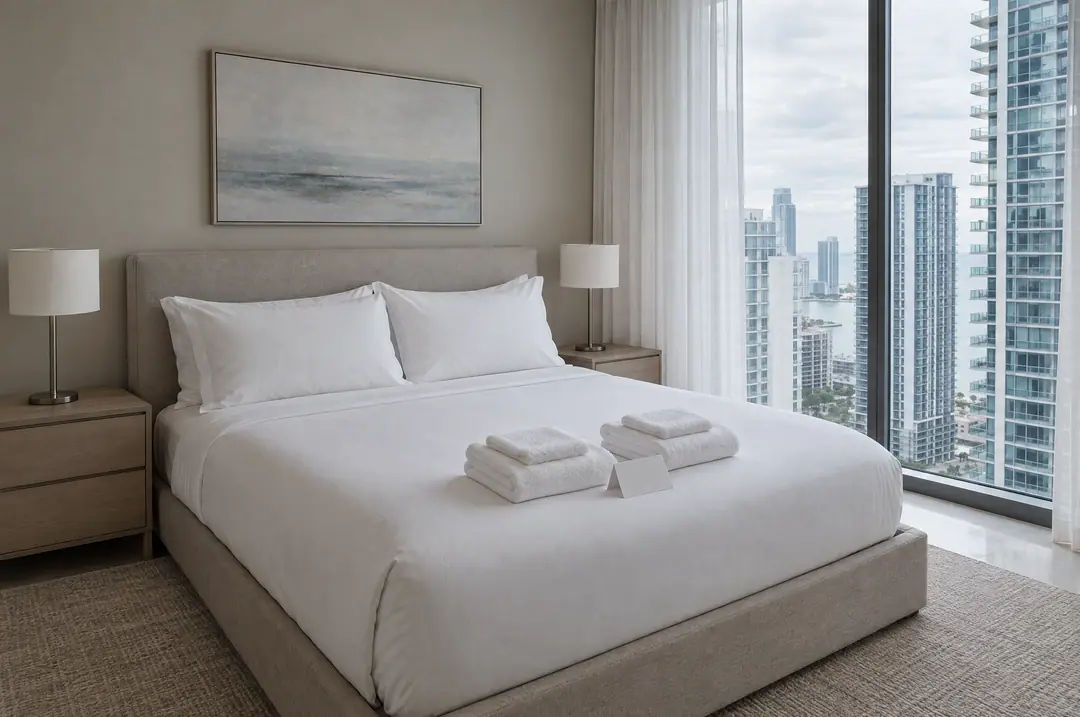 A bedroom prepared after a turnover, pressed white linen and folded towels at the foot of the bed
