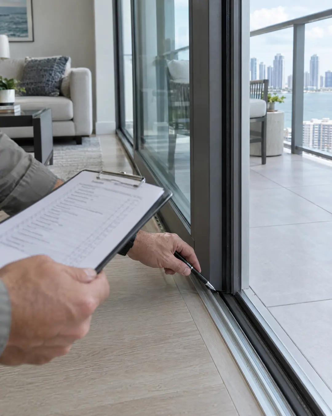 An inspector checking the track of a balcony sliding door against a printed checklist