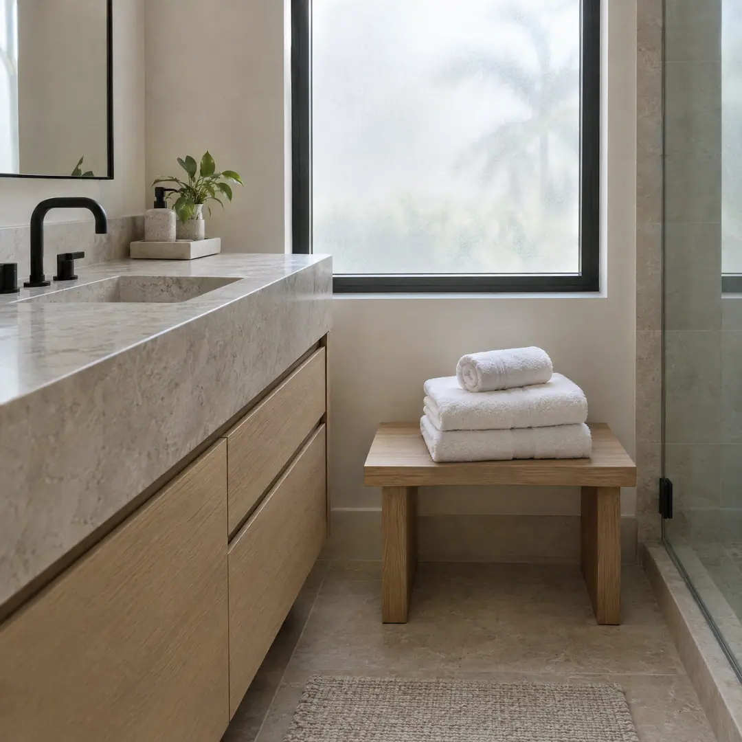 Folded white towels on an oak bench beside a stone vanity