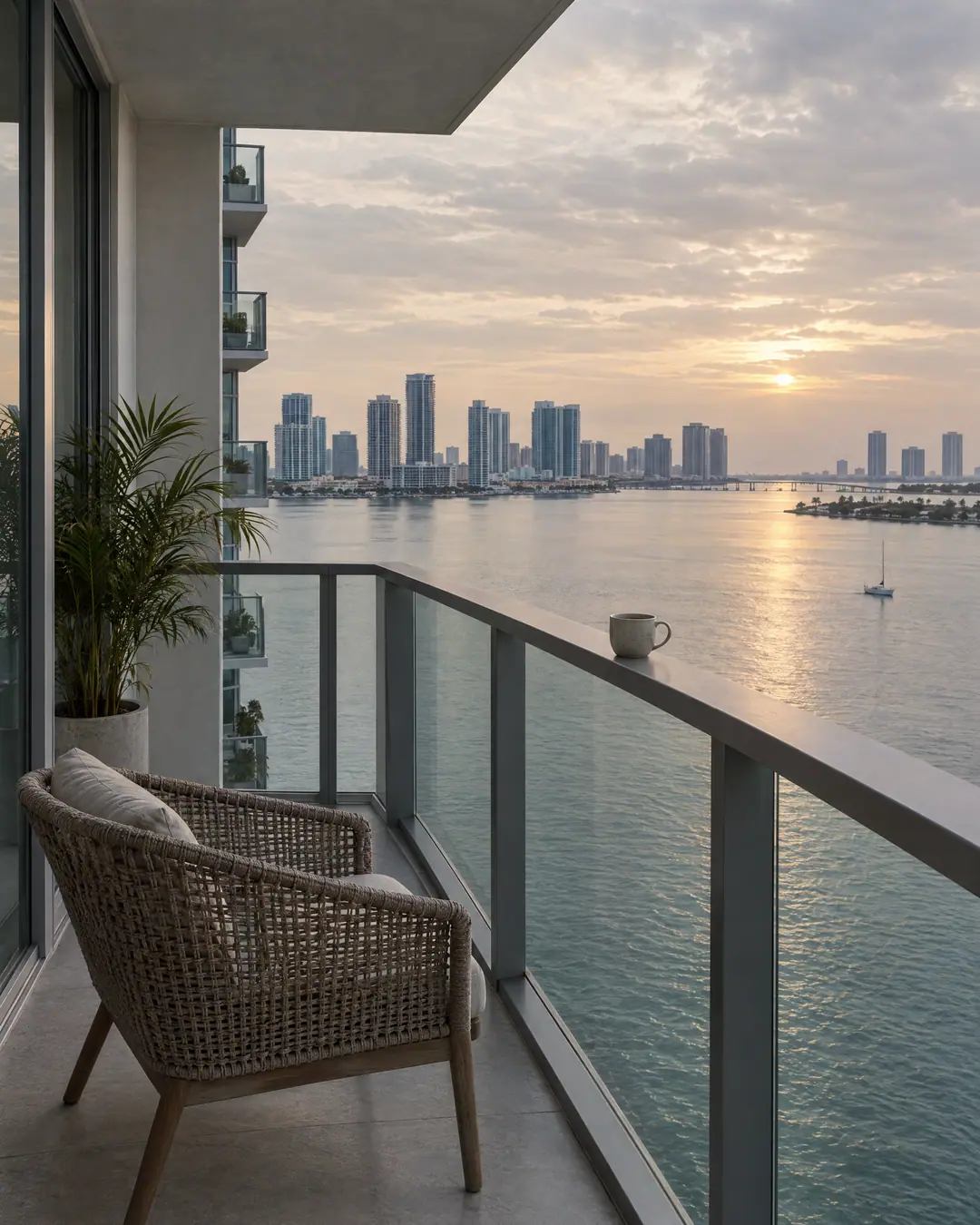 A woven chair on a balcony at dawn overlooking calm water