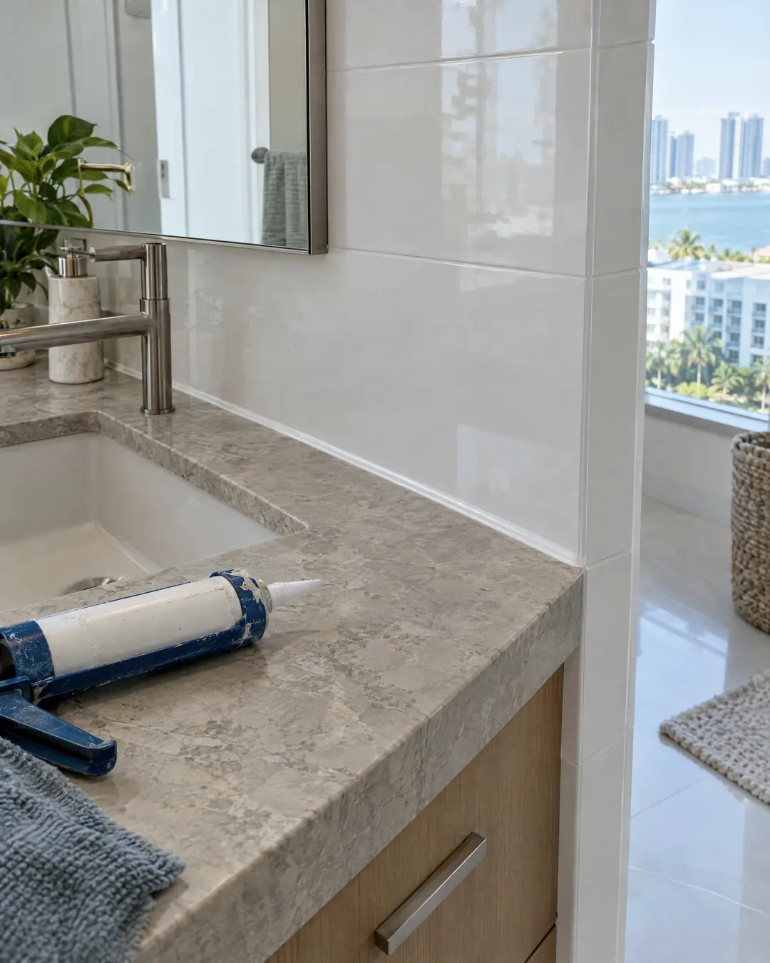 A fresh bead of sealant along a stone vanity meeting white tile