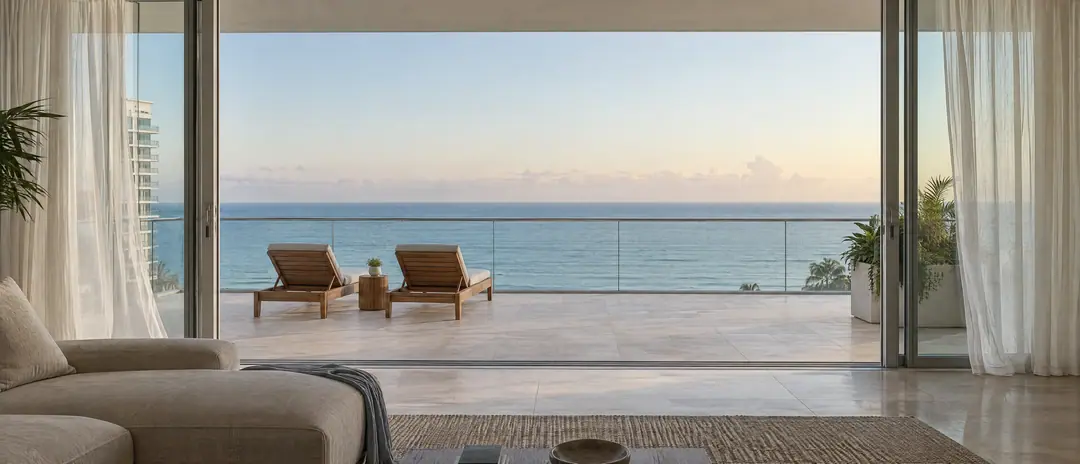 A Miami Beach living room opening onto a deep terrace and the Atlantic Ocean in early morning light