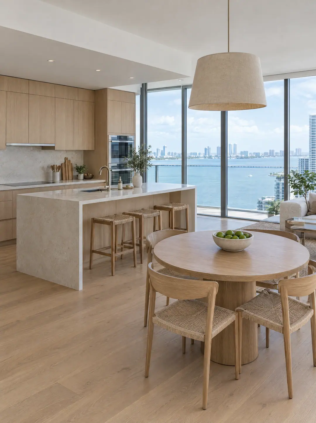 Oak kitchen and round dining table in bright daylight, Biscayne Bay beyond the glass