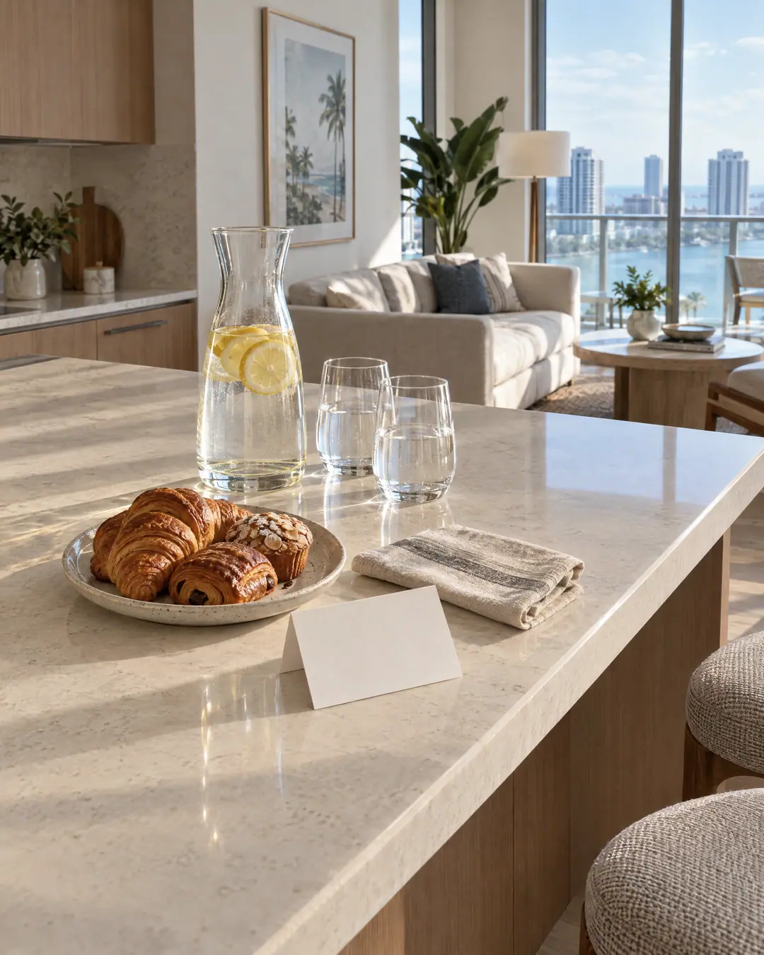 A carafe of water with lemon, two glasses and pastries set out on a stone kitchen island