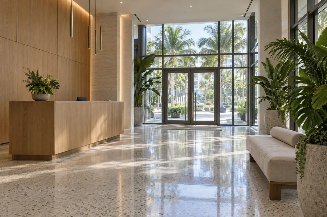 A quiet residential lobby with a terrazzo floor, oak reception desk and tropical plants