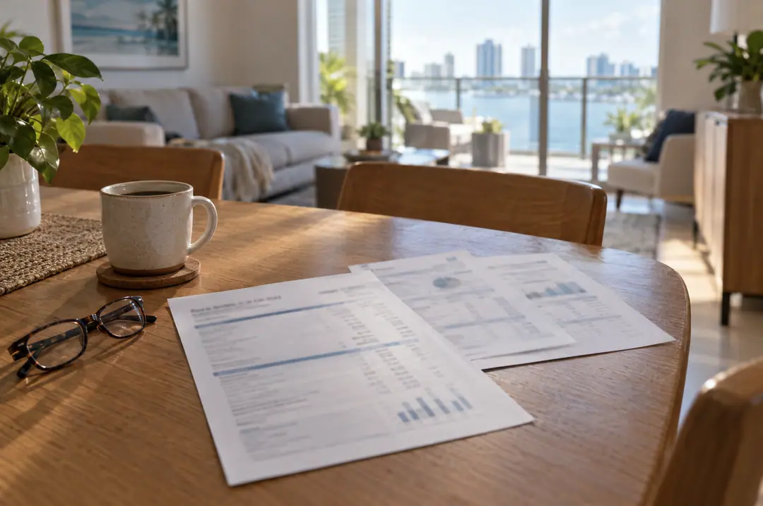 A printed owner statement beside a cup of coffee and reading glasses on an oak table