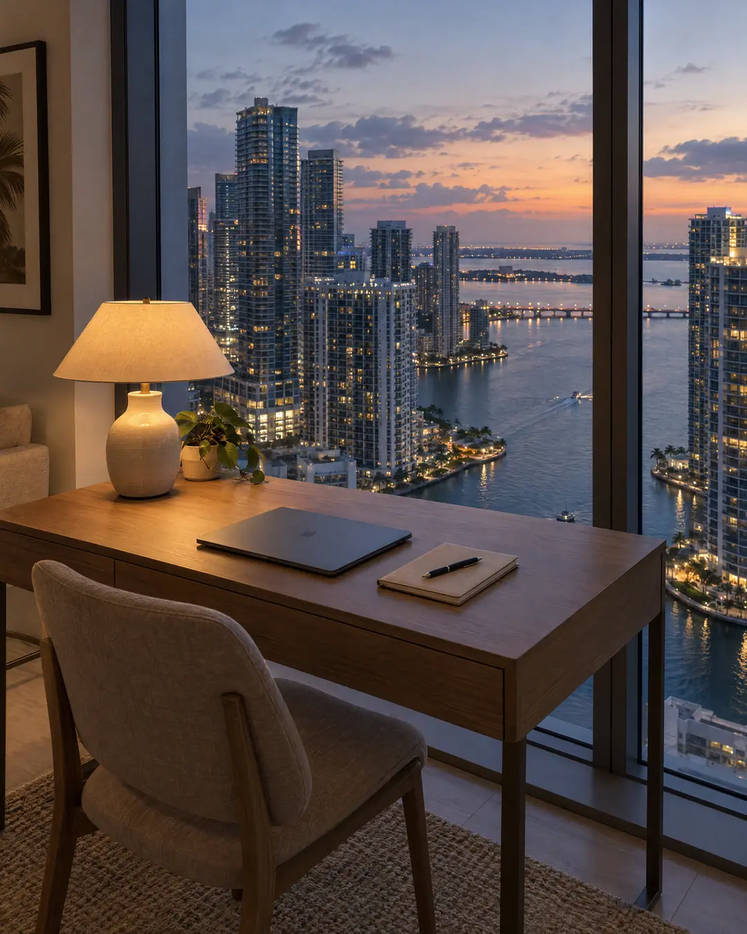 A writing desk by a window overlooking the Brickell skyline at dusk
