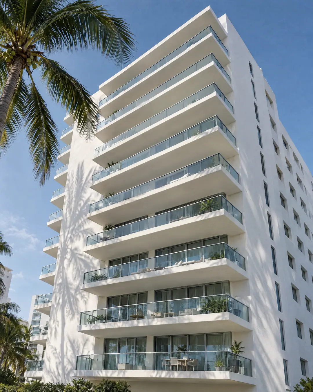 A white ten-story residential building in Miami Beach with glass balconies and palm shadows